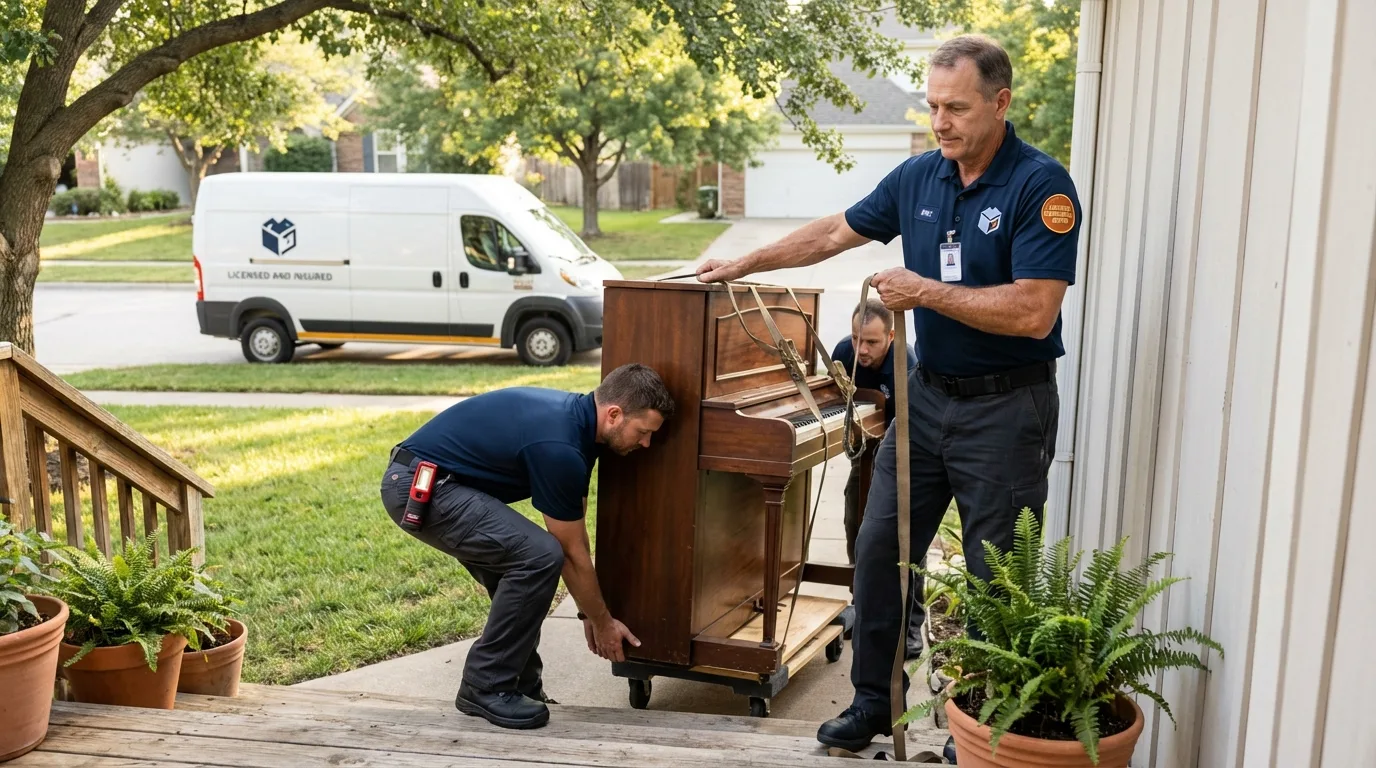 Licensed piano movers securing grand piano in South Charleston, OH