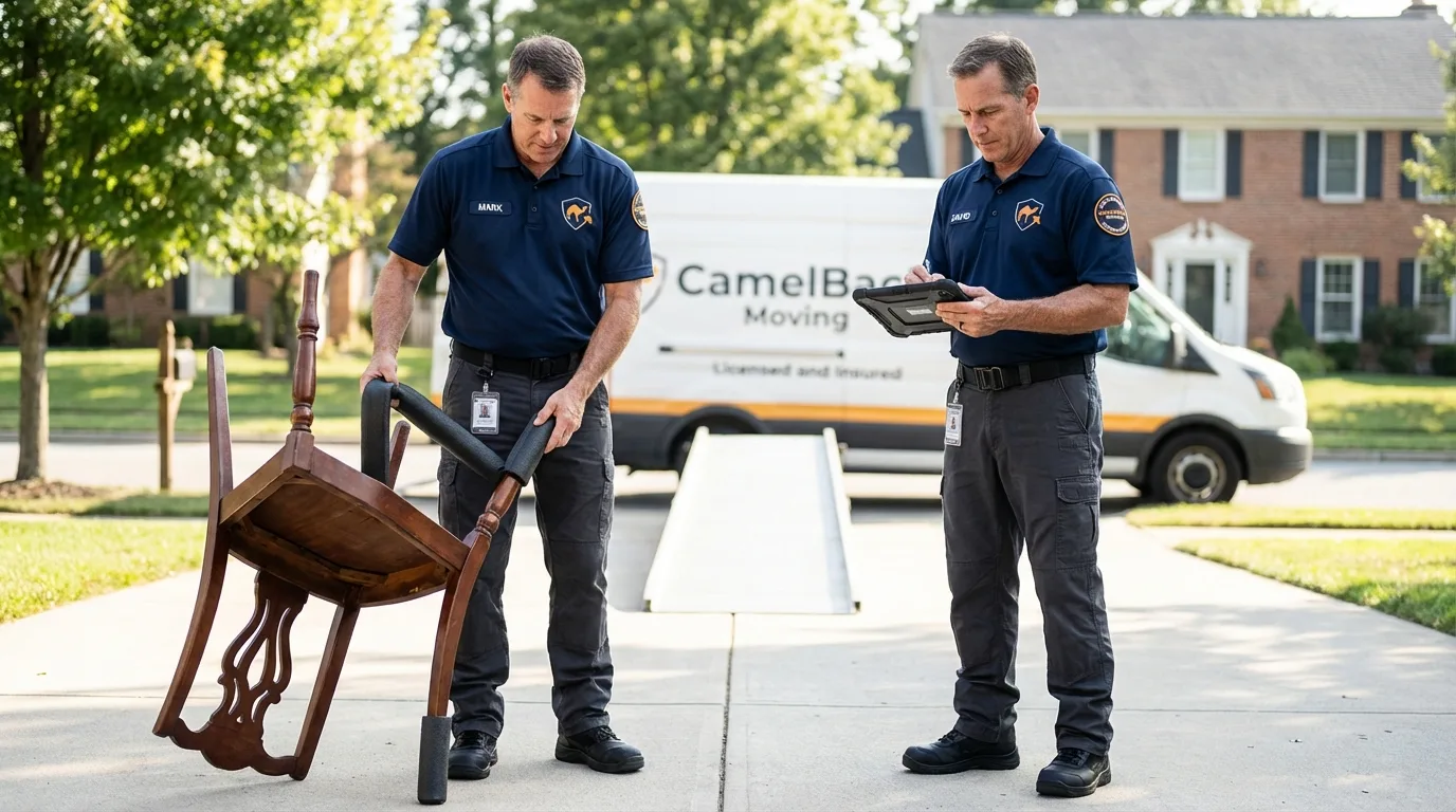 Movers inspecting furniture for damage prevention before loading in South Charleston, OH