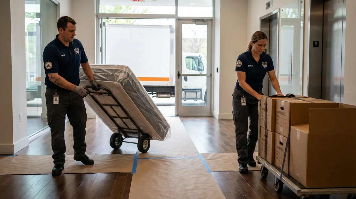 Professional apartment movers loading elevator in South Charleston, OH