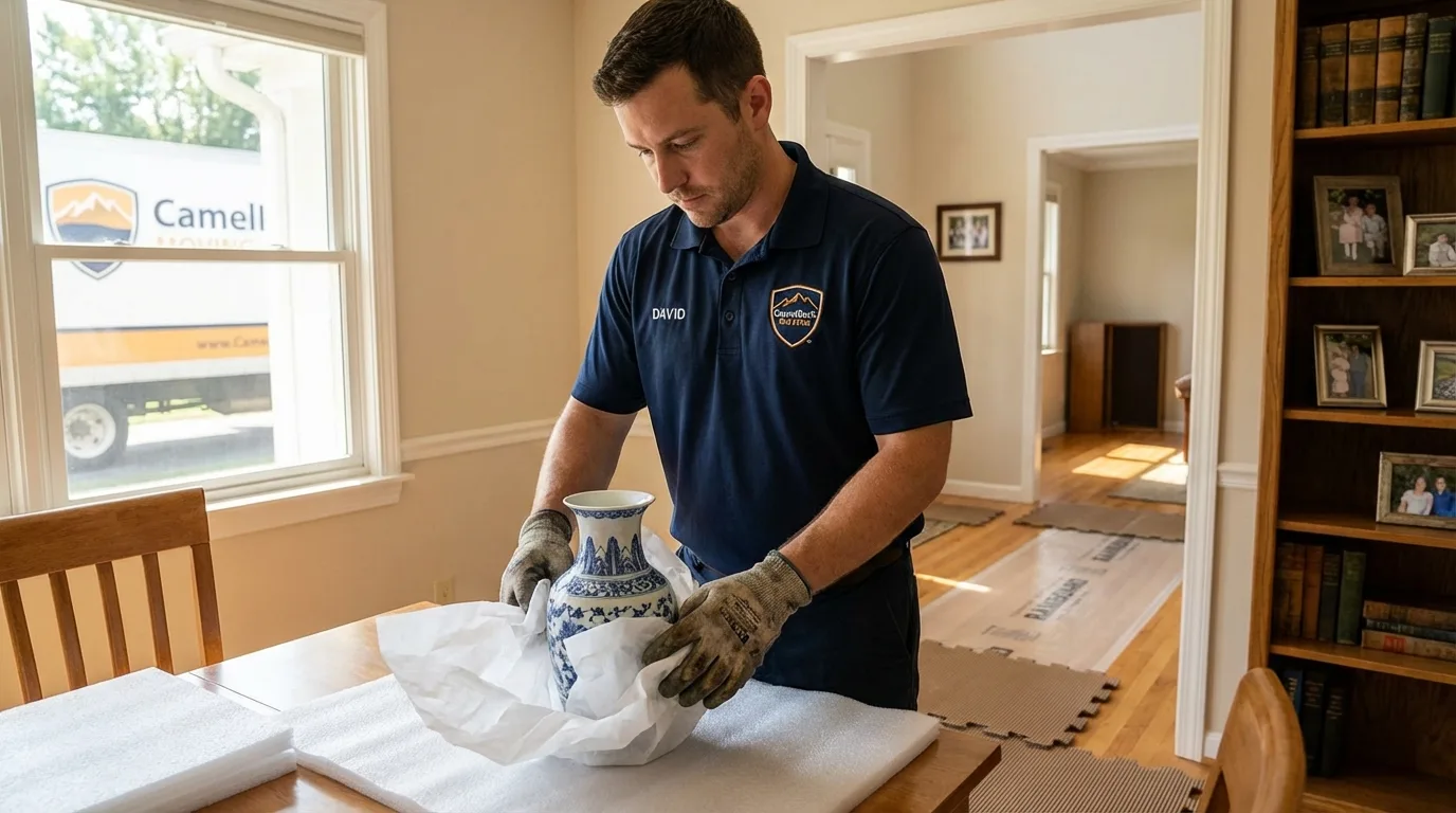 Professional crew carefully wrapping antique vase for senior downsizing move in South Charleston, OH